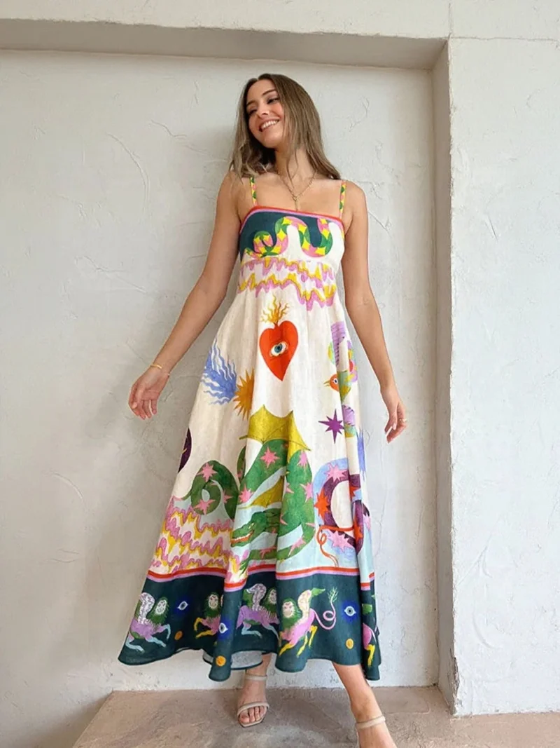 أوجيدر فستان ماكسي واسع بطبعة استوائية بلون أوف وايت